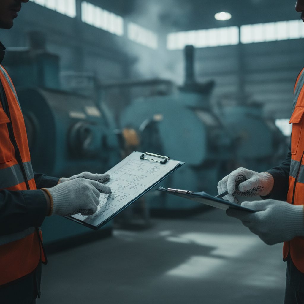 Ingenieros revisando documentación junto a maquinaria de proceso