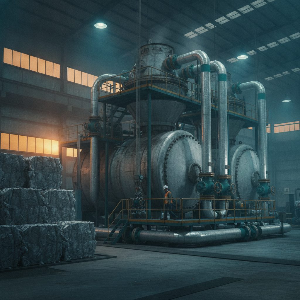 Reactor de pirólisis con tanques y tubería, junto a pacas de plástico